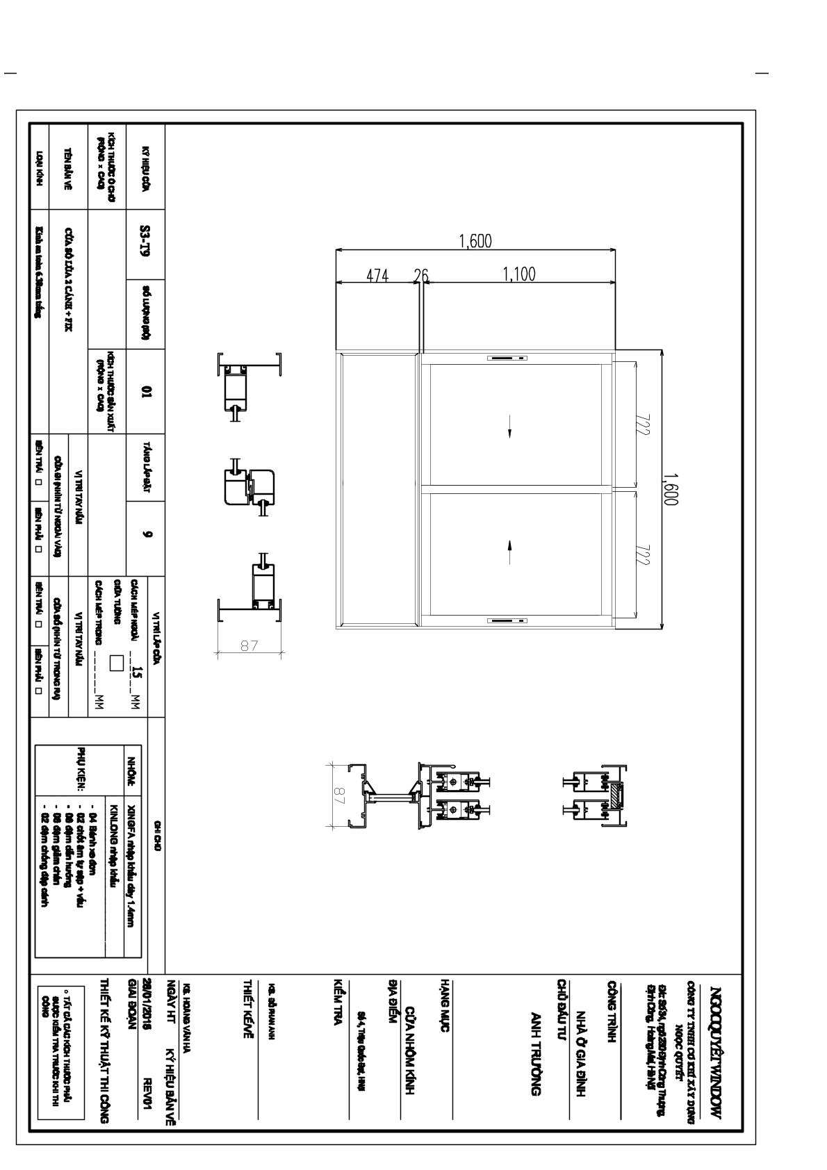 Bản vẽ kỹ thuật cửa sổ nhôm kính trượt hai cánh kích thước 1600x1600 mm